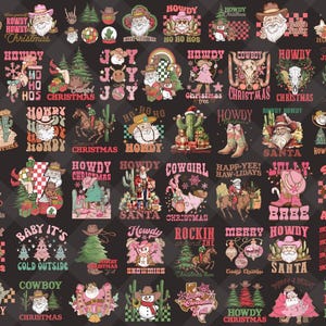 50+ ontwerpen westerse kerst png bundel, retro kerstbundel png, howdy kerstman, cowgirlkerst, howdy kerst png