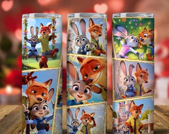 Vaso de 20 oz con personajes de película: Conejo y Zorro, PNG, Pareja de dibujos animados a juego, Vaso de San Valentín de 20 oz, Envoltura para vaso de pareja: Zorro y Conejo