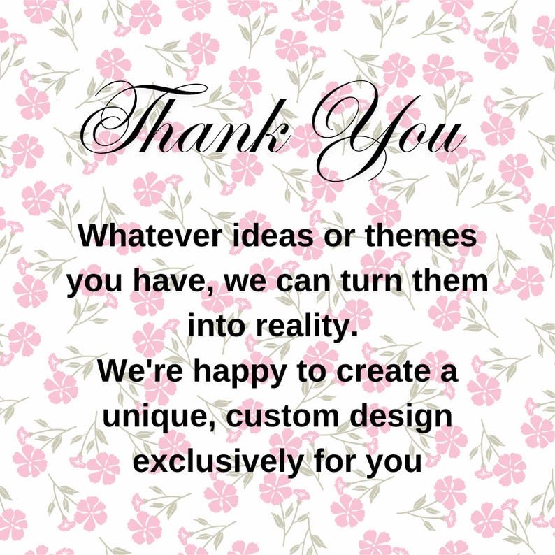 Pu&ograve; includere: Uno sfondo bianco con un motivo ripetuto di fiori rosa e steli verdi. Il testo "Thank You" &egrave; in elegante scrittura. Il testo aggiuntivo recita: "Qualunque siano le tue idee o i tuoi temi, possiamo trasformarli in realt&agrave;."