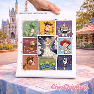 May include: A white t-shirt featuring a collage of Toy Story characters including Rex, Woody, Buzz Lightyear, Slinky Dog, Jessie, Bullseye, the Aliens, and Forky surrounding a central illustration of a blonde singer in a white gown.