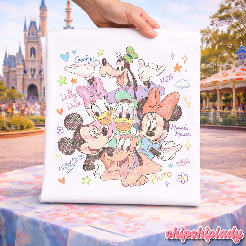 May include: White tote bag featuring a colorful illustration of Disney characters including Mickey Mouse, Minnie Mouse, Goofy, Donald Duck, Daisy Duck, and Pluto. The design includes the characters' names and decorative elements like hearts and stars.