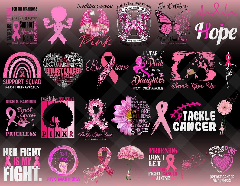 Op de afbeelding: Een verzameling roze lintontwerpen en tekstafbeeldingen, die borstkankerbewustzijn bevorderen. De afbeelding bevat zinnen als "Support Squad", "We Wear Pink" en "Tackle Cancer", samen met verschillende inspirerende berichten.