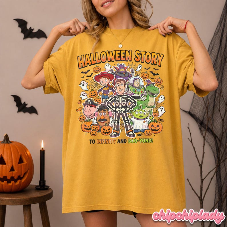 May include: Mustard yellow t-shirt with a Halloween-themed graphic. The design features cartoon characters, pumpkins, ghosts, and the text "HALLOWEEN STORY" and "TO INFINITY AND BOO-YOND!" A fun, festive tee for the spooky season.