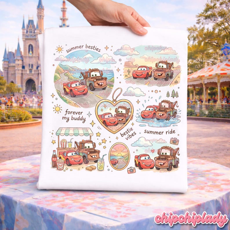 May include: White tote bag featuring colorful illustrations of the Cars characters Lightning McQueen and Mater. The design includes phrases like "summer besties" and "forever my buddy." The bag is held up by a hand.