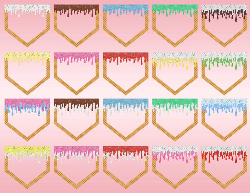 Pu&ograve; includere: Una collezione di colorati e stilizzati design di basi di baseball. Ogni piatto presenta una base a cono waffle con una sezione superiore che ricorda il gelato che si scioglie in vari colori, con spruzzi.