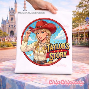 May include: A white t-shirt featuring a circular graphic of a blonde person wearing a red cowboy hat and a cream-colored shirt with yellow floral embroidery. The text "TAYLOR'S STORY" is printed in blue and yellow letters next to the figure.