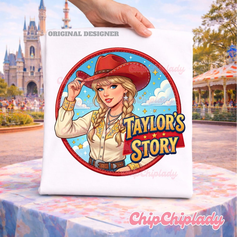 May include: A white t-shirt featuring a circular graphic of a blonde person wearing a red cowboy hat and a cream-colored shirt with yellow floral embroidery. The text "TAYLOR'S STORY" is printed in blue and yellow letters next to the figure.