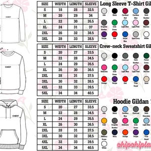 May include: Diagrams of long sleeve t-shirts, crew-neck sweatshirts, and hoodies, with size charts and colour options. The charts show measurements in inches for width, length, and sleeve length. Colour swatches are also displayed.