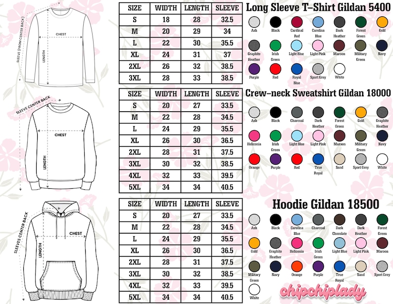 May include: Diagrams of long sleeve t-shirts, crew-neck sweatshirts, and hoodies, with size charts and colour options. The charts show measurements in inches for width, length, and sleeve length. Colour swatches are also displayed.