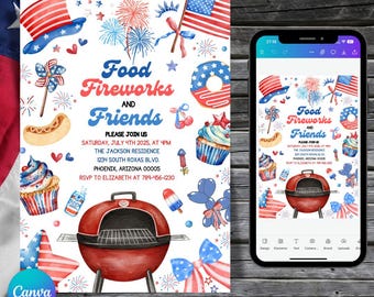 4th Of July BBQ Invitation, Party In USA Invite, Independence Day BBQ Barbeque Invite, July Fourth Food Friend and Firework, Editable Canva