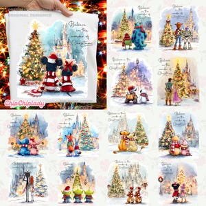 Puede incluir: Una colección de impresiones artísticas con temática navideña con personajes de Disney. Cada impresión muestra personajes como Mickey y Minnie Mouse, Sully, Buzz Lightyear, con árboles de Navidad y el texto "Believe in the wonder of Christmas."