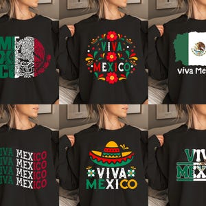 May include: Six black sweatshirts with different designs featuring the Mexican flag, the words "Viva Mexico", and other Mexican-themed imagery.