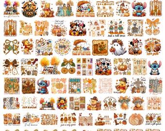 May include: A bundle of over 200 PNG designs with autumn themes. The designs include pumpkins, cartoon characters, floral arrangements, and text such as "Happy Fall" and "Autumn". The designs are in various colours, including orange, brown, and yellow.