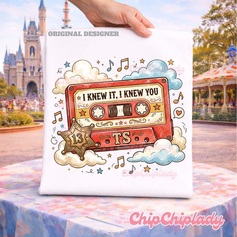 May include: A white t-shirt featuring a graphic of a red cassette tape with the text I KNEW IT, I KNEW YOU. The design includes a gold star with the number 13, the letters TS, musical notes, hearts, and light blue and cream-colored clouds.