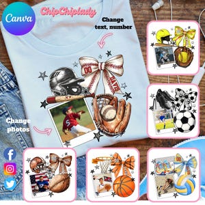 May include: A customizable t-shirt design featuring a variety of sports equipment, including a baseball glove, bat, football, soccer ball, basketball, volleyball, and a helmet. The design also includes a bow with the text "DAVIS" and the number "00".
