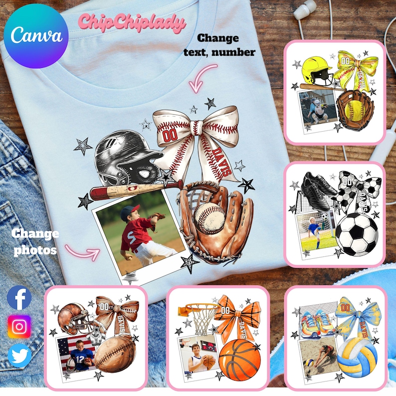 May include: A customizable t-shirt design featuring a variety of sports equipment, including a baseball glove, bat, football, soccer ball, basketball, volleyball, and a helmet. The design also includes a bow with the text "DAVIS" and the number "00".