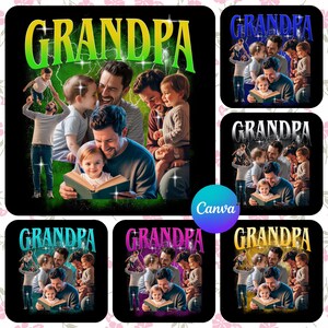 Puede incluir: Dise&ntilde;o gr&aacute;fico con la palabra "GRANDPA" en degradado verde y amarillo. La imagen muestra a un hombre leyendo a un ni&ntilde;o, rodeado de otros ni&ntilde;os y adultos. El fondo es negro.