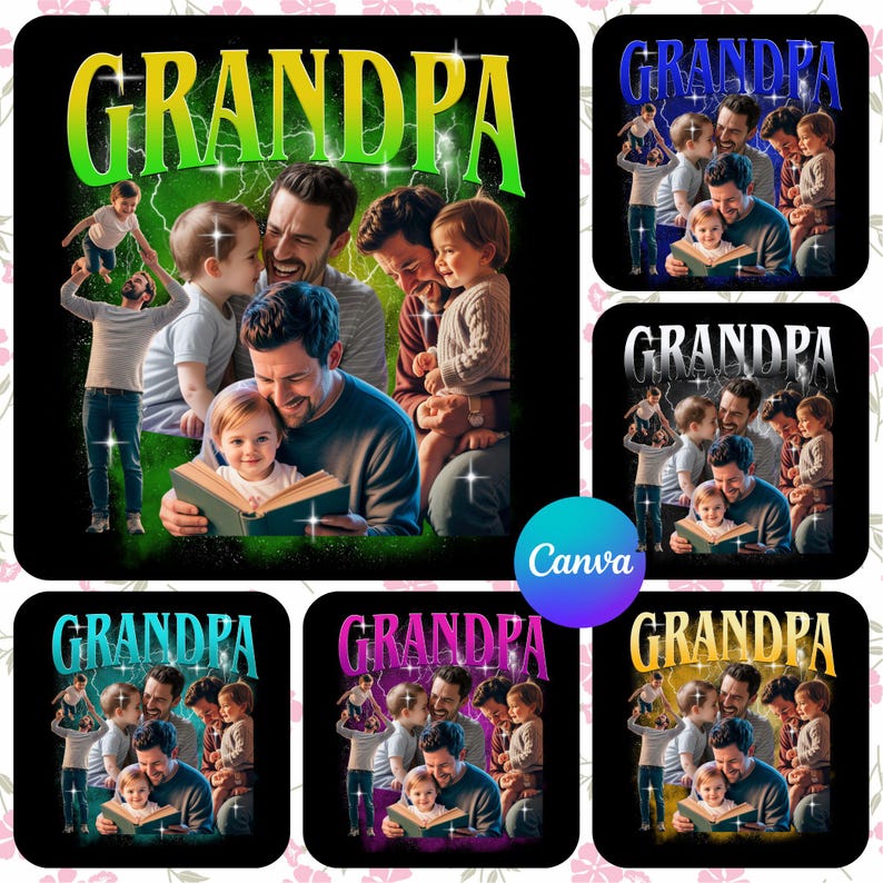 Puede incluir: Dise&ntilde;o gr&aacute;fico con la palabra "GRANDPA" en degradado verde y amarillo. La imagen muestra a un hombre leyendo a un ni&ntilde;o, rodeado de otros ni&ntilde;os y adultos. El fondo es negro.