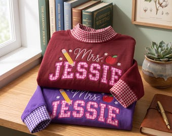 Embroidered Teacher Mock Neck Shirt, Gingham Name Pullover, Custom School Apparel, Educator Appreciation Gift, Teacher Appreciation Gift