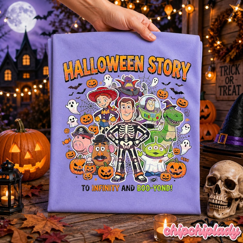 May include: A lavender-colored Halloween-themed t-shirt featuring cartoon characters and the text "HALLOWEEN STORY" and "TO INFINITY AND BOO-YOND!". The design includes pumpkins, ghosts, and bats.