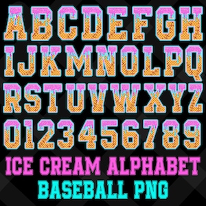Alfabeto de helado de béisbol PNG, letras con goteo, fuente de sublimación de cono de waffle, fuente de goteo de helado, fuente de dulces de verano, alfabeto de garabatos lindos