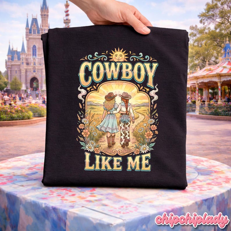 May include: A black t-shirt featuring a graphic print of two individuals in cowboy hats walking away on a dirt path. The text COWBOY LIKE ME is printed in yellow. The illustration includes a sun, flowers, and a landscape background.