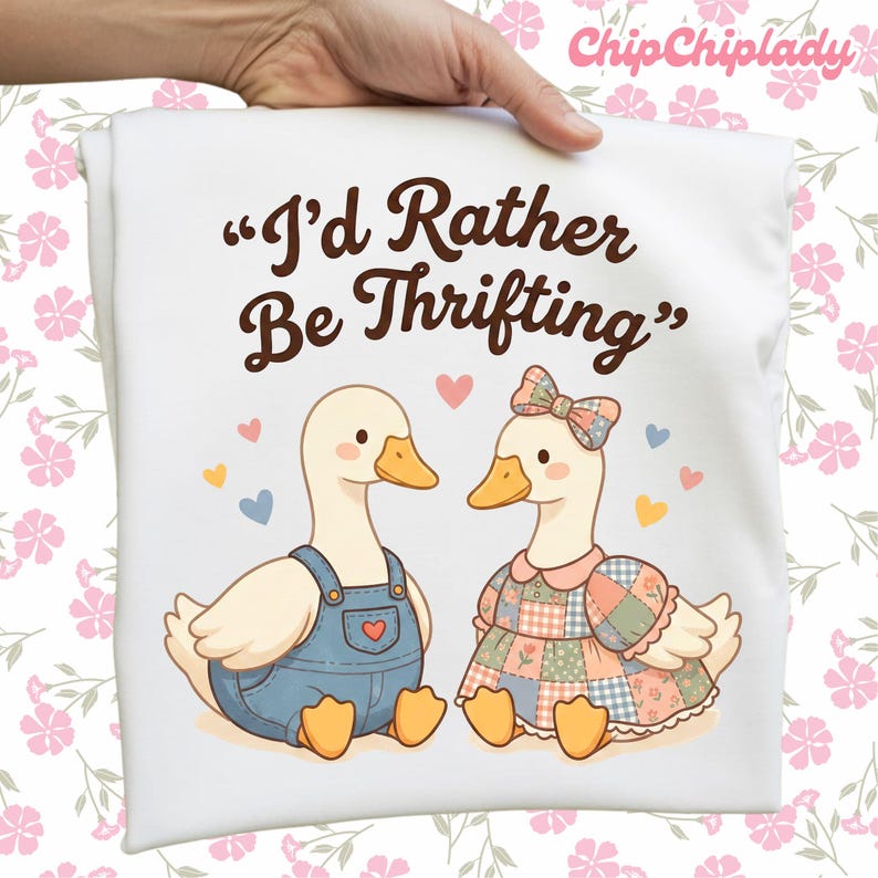 May include: White t-shirt featuring a cartoon illustration of two ducks. One duck wears blue overalls, the other a patchwork dress. The text "I'd Rather Be Thrifting" is printed above the ducks, with hearts scattered around.