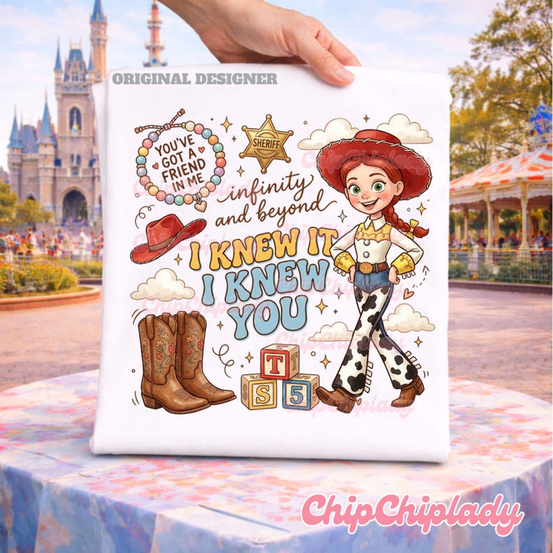 May include: A white t-shirt featuring a colorful graphic of a cowgirl character, a sheriff badge, a red hat, brown cowboy boots, alphabet blocks, and a beaded bracelet. The text reads: You've got a friend in me, infinity and beyond, I knew it, I knew you.