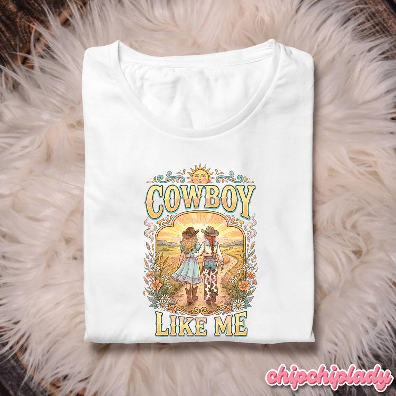 May include: A white t-shirt featuring a graphic print of two figures in cowboy hats walking down a dirt path. The design includes floral borders, a sun, and the text "COWBOY LIKE ME" in a yellow and blue font. The illustration depicts a landscape.