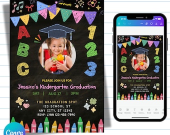 Editable Canva Kindergarten Graduation Invitation, Pre-School, Elementary School Graduation Announcement, Printable or Digital Invitation