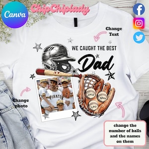 Plantilla personalizada de Canva "Atrapamos al mejor papá" editable, béisbol con nombre personalizado para niños, regalos para el Día del Padre, regalos para papá