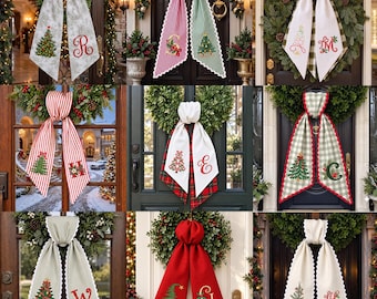 Personalized Christmas Tree Wreath Sash, Custom Monogram Front Door Decor, Embroidered Linen Ticking Bow, Farmhouse Holiday Porch Decoration
