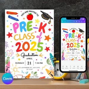 Convite para formatura pré-escolar, convite para anúncio pré-escolar, convite para formatura pré-escolar, modelo editável do Canva para formandos da turma de 2025 da pré-escola