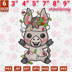 May include: A cartoon donkey design with Christmas lights and holly. The donkey is light gray with black hooves and a brown patch on its head. The image includes size options from 3" to 9" and the text "chipchiplady".