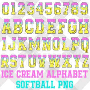 Alfabeto de helado de softbol PNG, letras con goteo, fuente de sublimación de cono de waffle, fuente de goteo de helado, fuente de dulces de verano, alfabeto de garabatos lindos