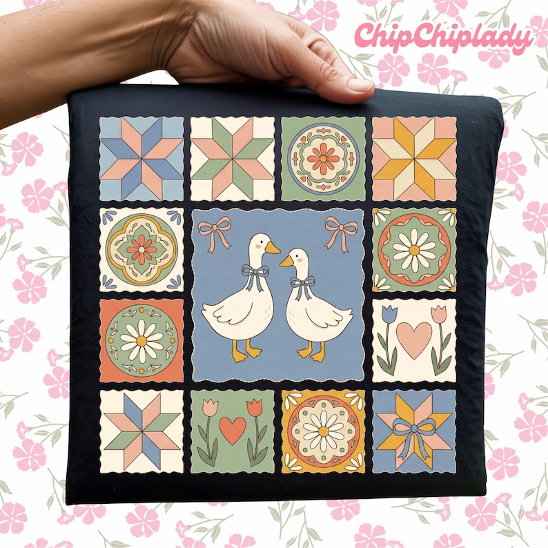 May include: Black square pillow featuring a patchwork design with floral and geometric patterns in pastel colors. The center square has two white ducks with blue bows. The pillow is held by a hand, with the text "ChipChipLady" in the upper right corner.