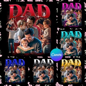 Puede incluir: Un dise&ntilde;o gr&aacute;fico con la palabra "DAD" en rojo, que representa a un padre y sus hijos. La imagen muestra a un padre leyendo un libro a un ni&ntilde;o, con otros ni&ntilde;os interactuando con el padre. El fondo es negro.