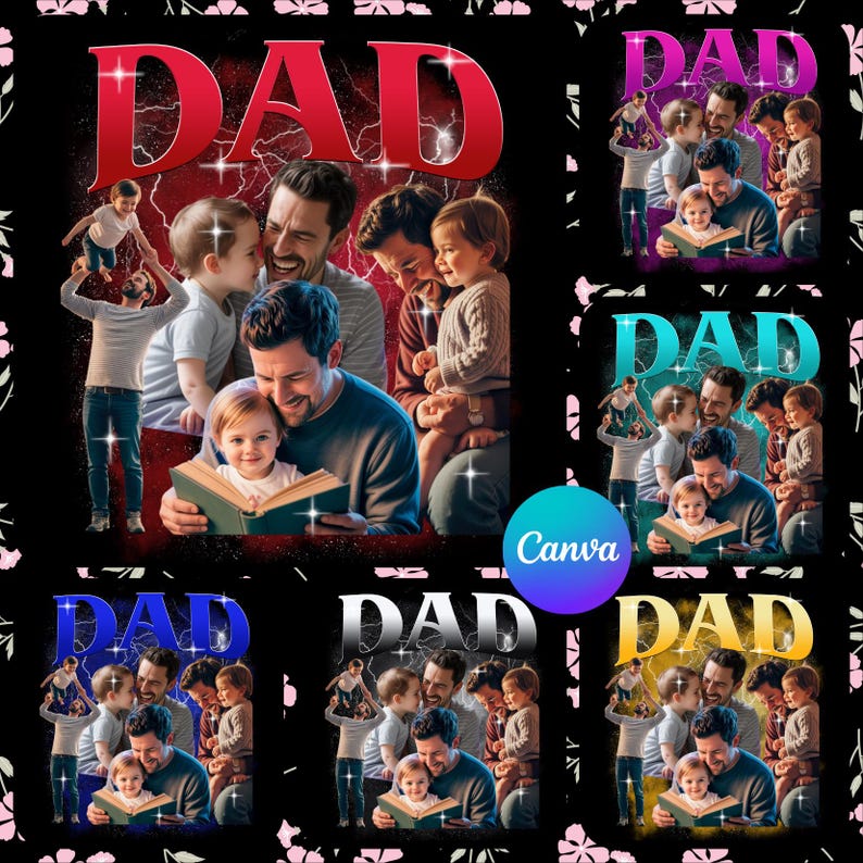 Puede incluir: Un dise&ntilde;o gr&aacute;fico con la palabra "DAD" en rojo, que representa a un padre y sus hijos. La imagen muestra a un padre leyendo un libro a un ni&ntilde;o, con otros ni&ntilde;os interactuando con el padre. El fondo es negro.