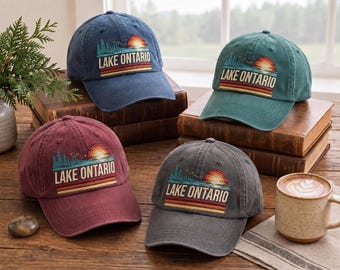 Lake Ontario Embroidered Hat, Vintage Washed Lake Cap, Great Lakes Sunset Dad Hat,Coastal Outdoor Baseball Cap,Lake Lover Gift for Men Women