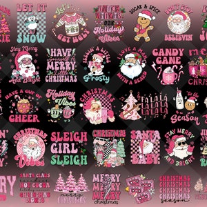 Más de 35 diseños Paquete png de sublimación de Navidad retro, paquete de Navidad png, Santa rosa PNG, Navidad rosa, Navidad rosa groovy