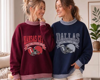 Custom Sports Gingham Applique Mock Neck Sweatshirt, Personalized Varsity Text, Sports Embroidery, Embroidered Football Helmet 32 Teams