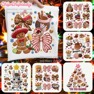 May include: White t-shirt with a festive design including a gingerbread man in a red hat, a pink bow, and a mug with cinnamon sticks. The design also features the text "DO NOT COPY". The overall theme is Christmas.