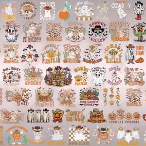 May include: A selection of Halloween-themed digital designs with cowboy hats, ghosts, pumpkins, and cacti. The designs include phrases like "Howdy," "Boo Haw," and "Cowboy Killer" in a vintage, rustic style. Ideal for crafting projects.