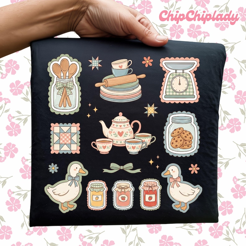 May include: Black square featuring various kitchen-themed stickers. Includes a teapot, teacups, rolling pin, jars of cookies and jam, a scale, and ducks. The stickers have a pastel color palette with a vintage aesthetic.