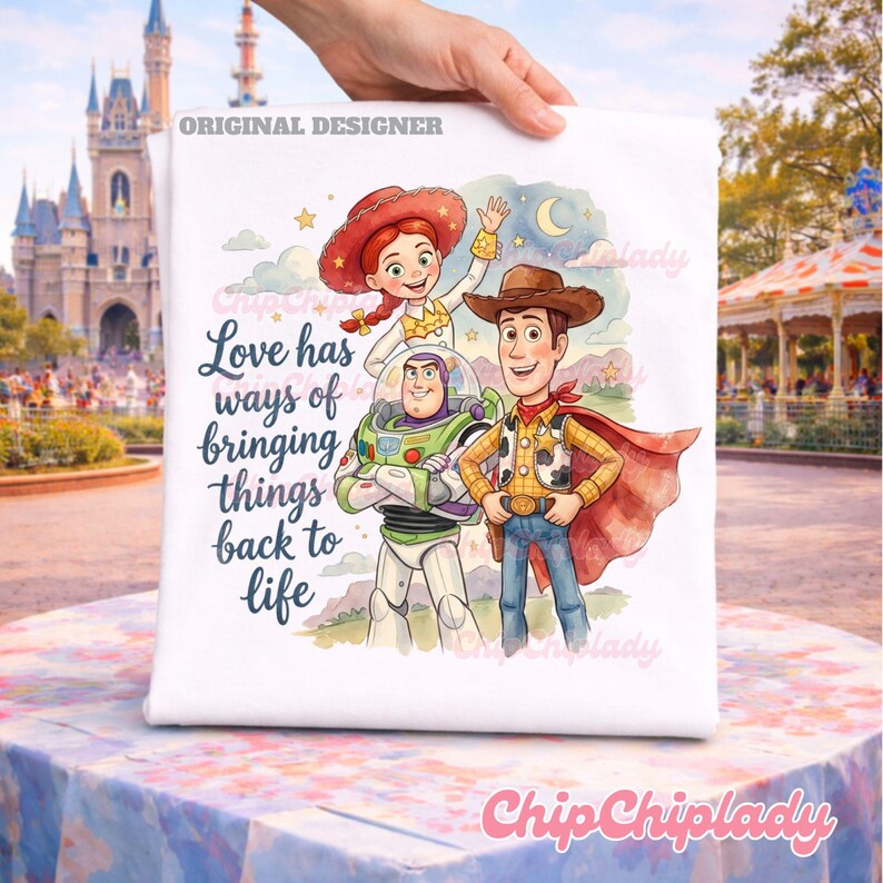 May include: A white t-shirt featuring a colorful illustration of Jessie, Buzz Lightyear, and Woody from Toy Story. The text reads, Love has ways of bringing things back to life. The design includes a crescent moon, stars, and clouds in a watercolor style.