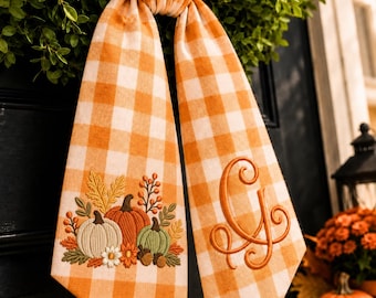 Embroidered Pumpkin Monogram Wreath Sash, Personalized Fall Door Bow, Autumn Harvest Front Door Decor, Thanksgiving Gift, Hostess Gift