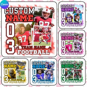 May include: A collection of six square designs featuring football players and the text "CUSTOM NAME", "03", and "TEAM NAME FOOTBALL". Each design includes player photos and is framed with decorative elements.
