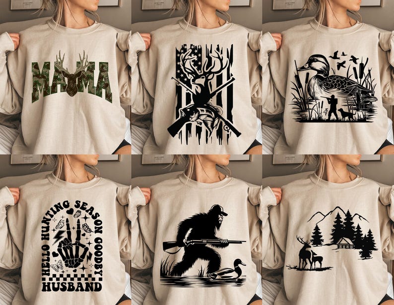 Op de afbeelding: Zes verschillende ontwerpen van beige sweatshirts met zwarte grafische prints. De ontwerpen omvatten een hert met geweien, een eend, een berglandschap, een yeti, een skelethand en het woord "Mama".