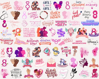 May include: A collection of colorful digital illustrations celebrating International Women's Day. The illustrations feature various designs, including the number 8, flowers, women, and text such as "Happy Women's Day" and "Girls Just Wanna Have Fundamental Human Rights".