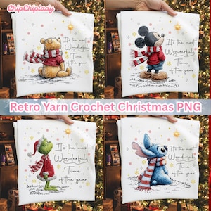 May include: Four white tote bags with Christmas character designs. Each bag features a different character: Winnie the Pooh, Mickey Mouse, The Grinch, and Stitch. Each design includes the text "It's the most Wonderful Time of the year."